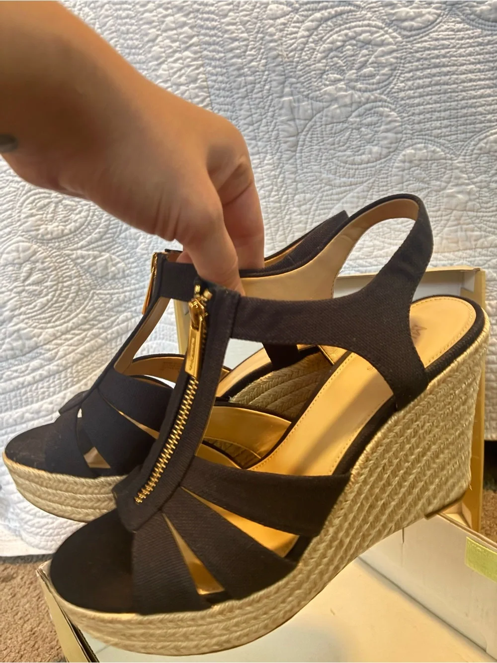 Michael Kors Navy Wedge Sandals with Gold Front Zip